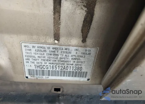 2002 Honda Accord 3.0 Ex z USA, uszkodzony, nr VIN 1HGCG16512A011380